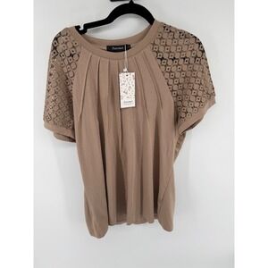 Automet Tan Crochet‎ Lace Sleeve Pleated Neck Short Sleeve Blouse Top NWT Large